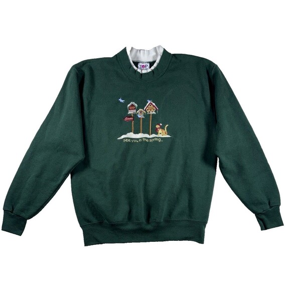 Vintage Top Threads Green Crewneck Sweatshirt Birdhouse Embroidery Cozy Casual - Picture 6 of 6